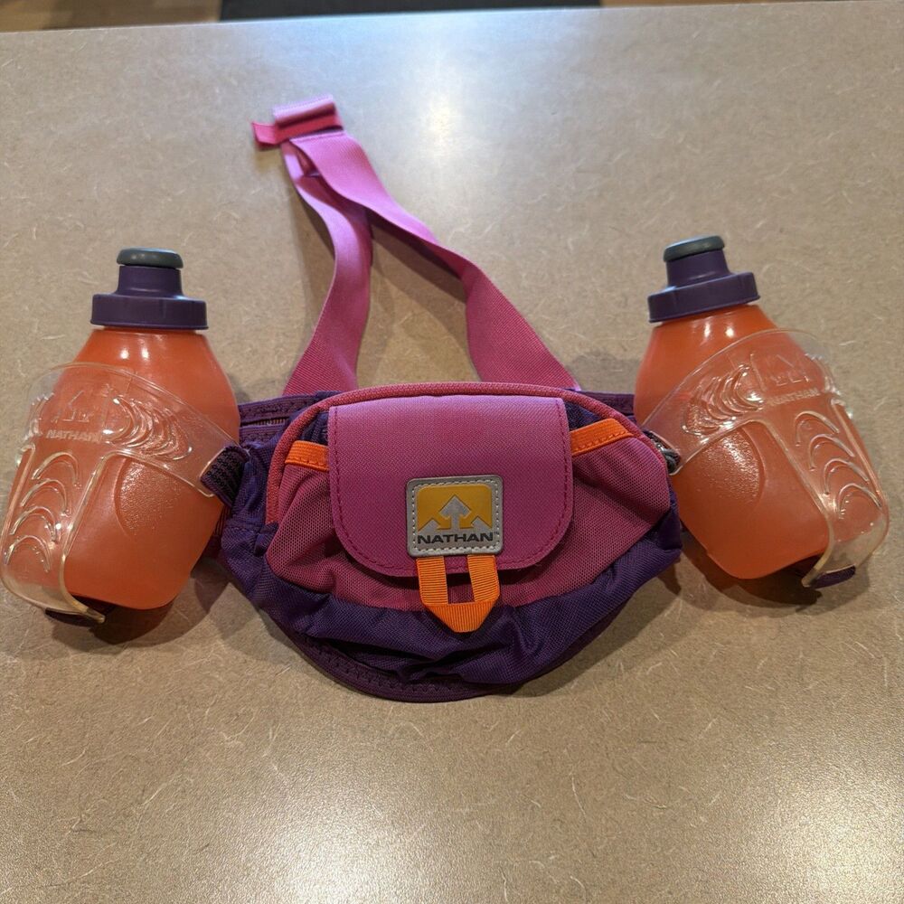 Nathan Trail Mix 2 Bottle Hydration Running Belt, Adjustable Purple & Pink Used1